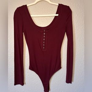 Lulus Simply the Best Long Sleeve Button Front scoop bodysuit, Burgundy, Medium